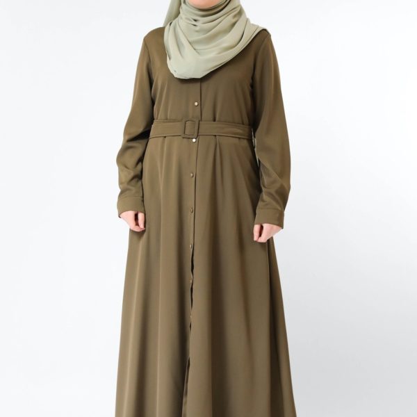 Robe longue chemise kaki avec ceinture hijab soie de medine vert pâle 2