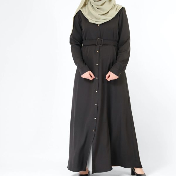Robe longue chemise noir avec ceinture hijab soie de medine vert pâle 3