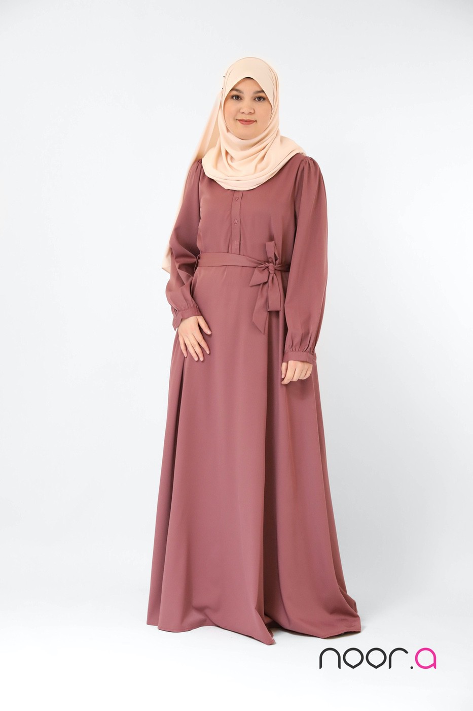 robe longue evasée Hind framboise hijab soie de Medine rose jpg